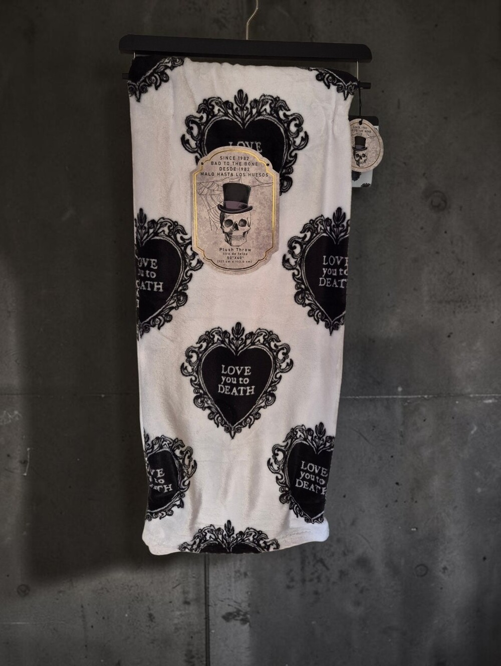 Bad To The Bone "Love You to Death" Black Heart Decorative Throw 50"x60"